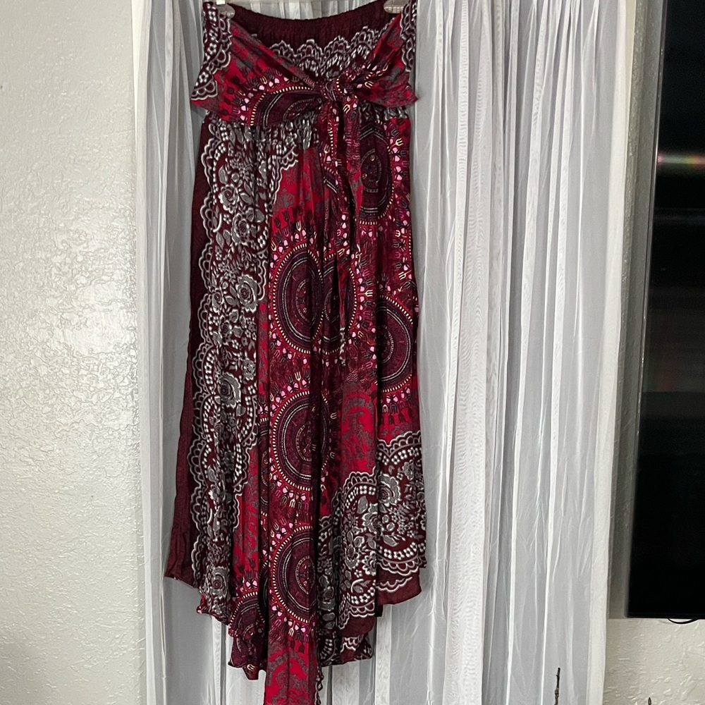 Asymmetrical Red Printed dress/Maxi Skirt with Lace Motif